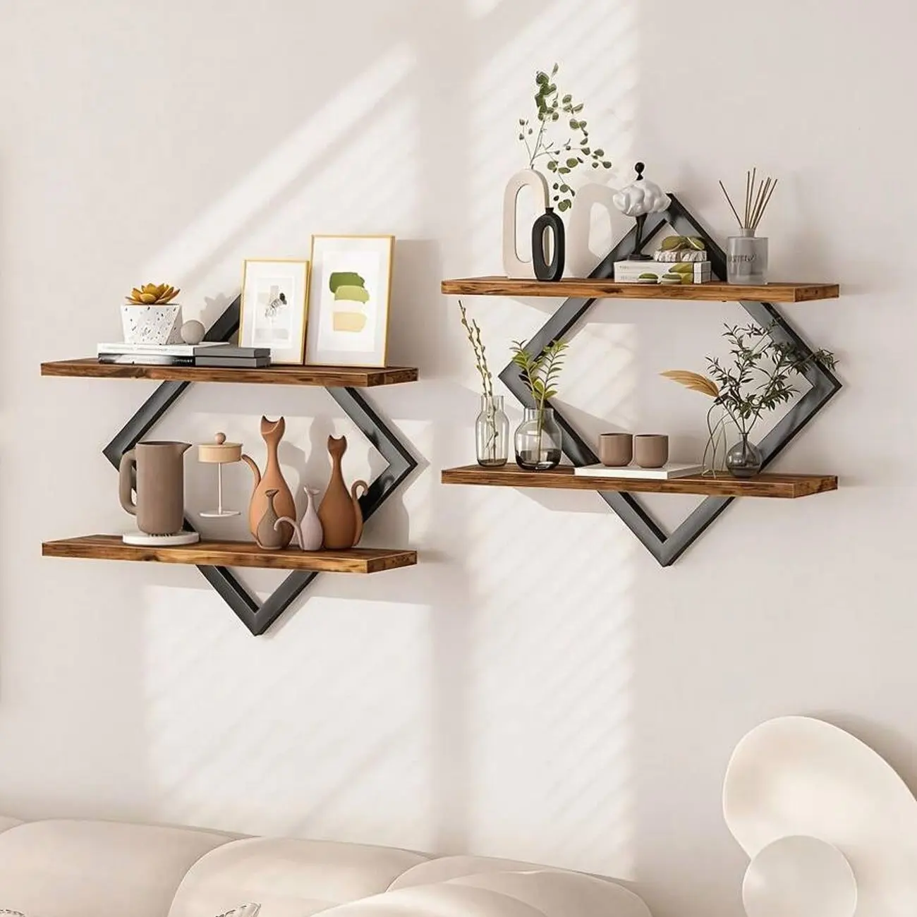 2PCS Wooden Diamond Floating Shelves, Wall Mounted Decorative Storage Organizer, Space-Saving Anti-Wobble Display Shelves for Living Room, Bedroom, Bathroom, Home Office & Decor