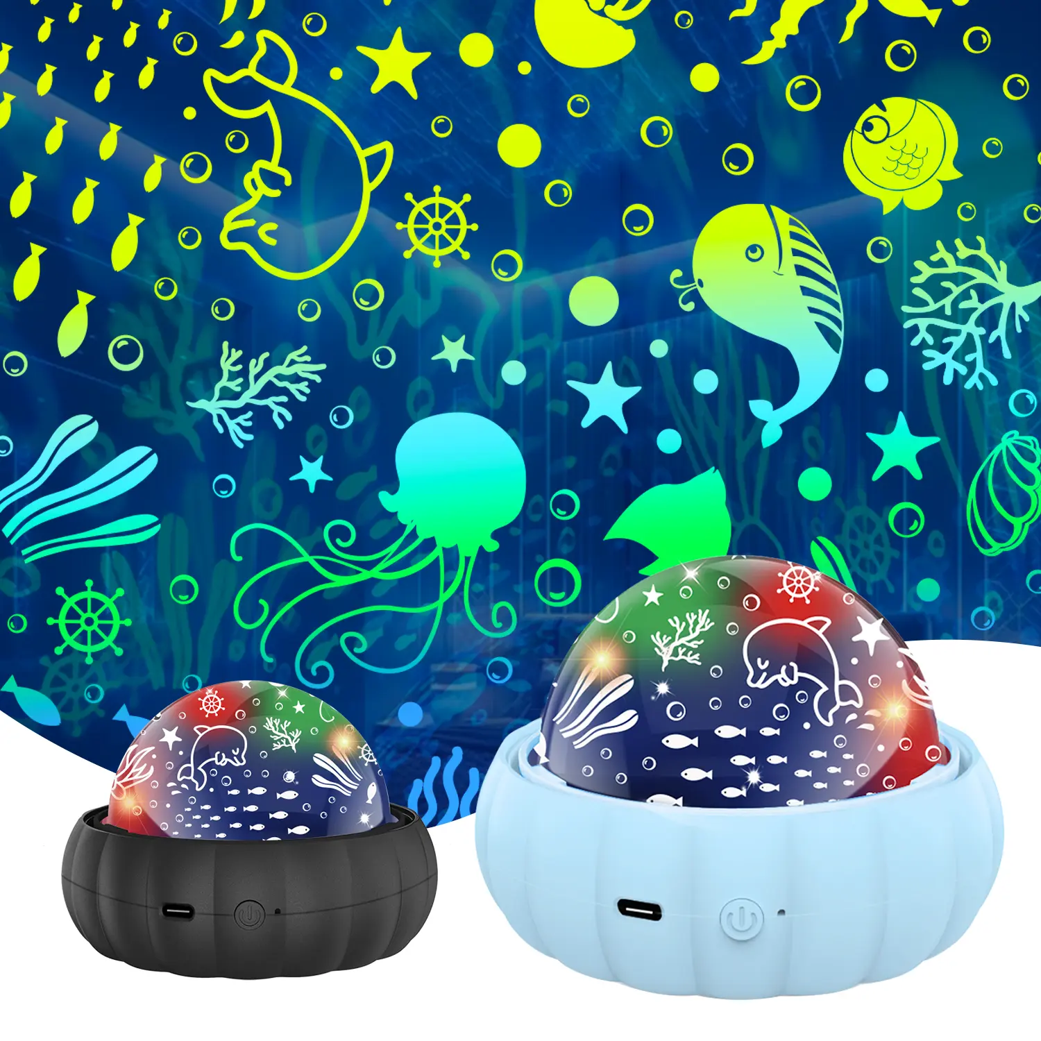 Plastic Color Adjustable LED Novelty Lighting Starry Projector Night Light - 2 Lampshades, Marine Life & Moon Displays, 10-Hour Auto Timing, 360° Rotation, Dynamic & Engaging Mood Lighting, Disco Light Party Gift for Kids
