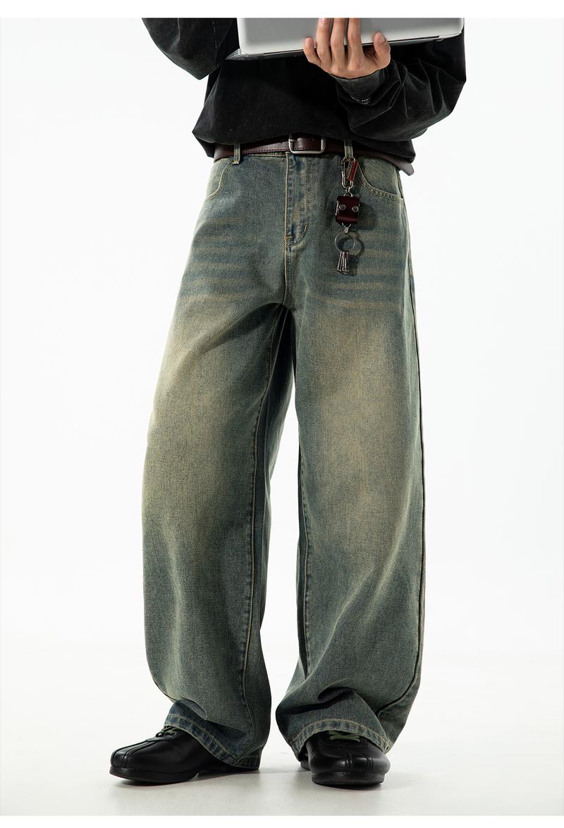 Men's Vintage Oversized Jeans for Fall, Washed Distressed Trendy Brand Loose Straight Leg Pants, Unisex Street Style Minimalist Versatile Fashion Floor-Length Jeans, Men's Denim Pants, Youthful Popular Student Pants, Soft Comfortable Fabric, Suitable for