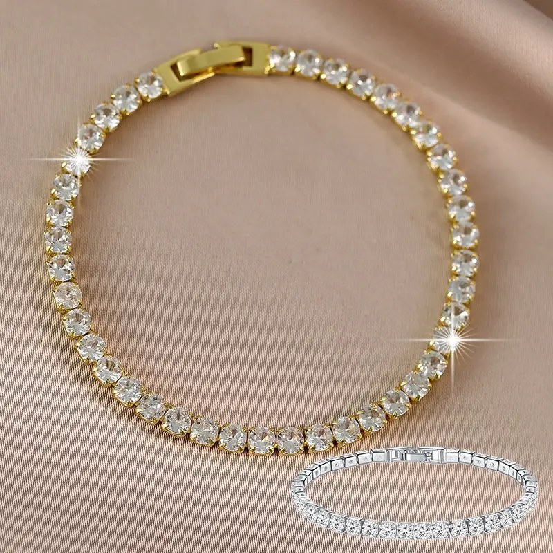 Women's 14k Gold-Plated Waterproof CZ Tennis Bracelet,Trendy Sparkling Round Cubic Zirconia Diamond Bracelets Jewelry for Wedding, Engagemnt,Daily Wear, Romantic Gift for Her