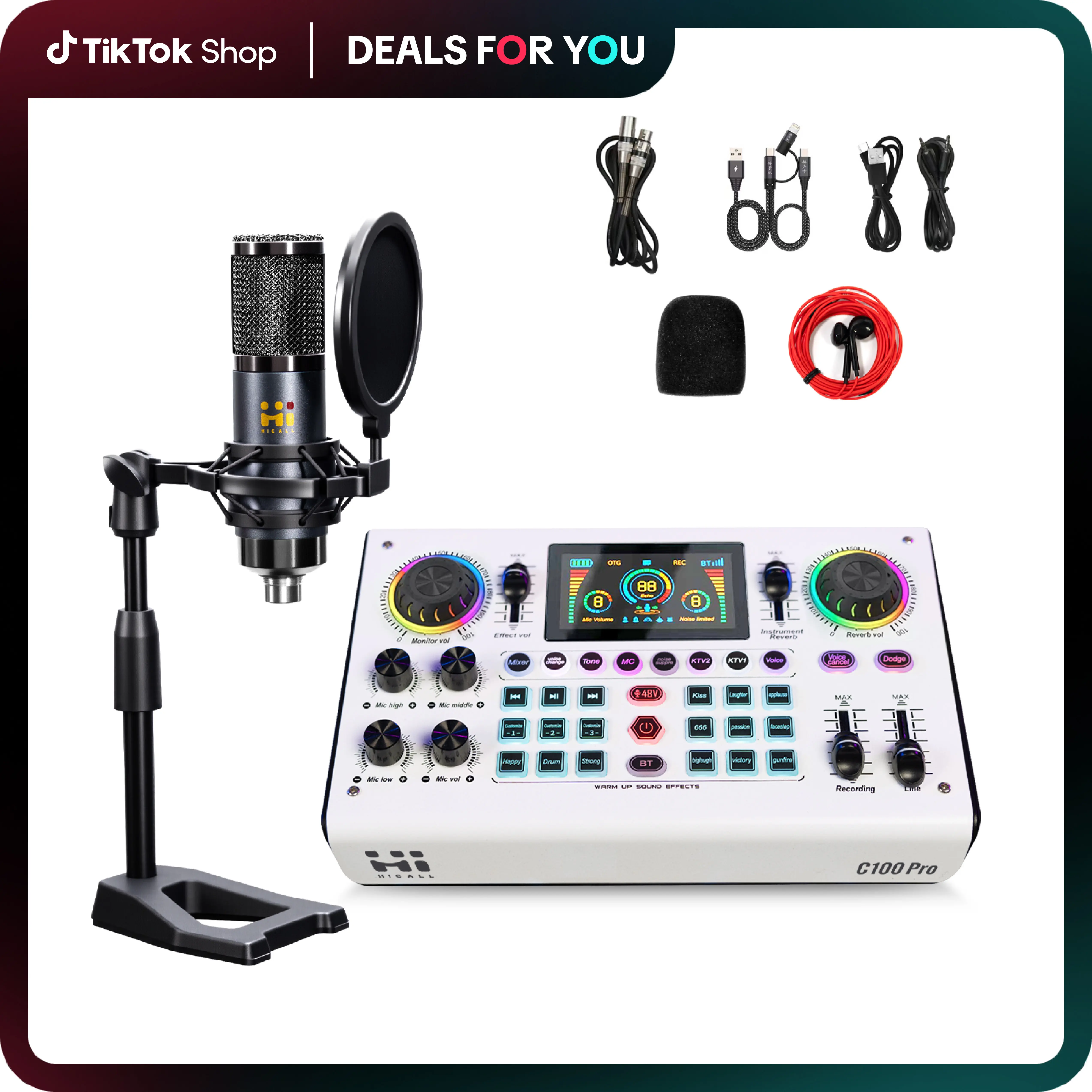 C100PRO Audio Mixer, 48V Digital Sound Card, Dual DSP Chips, High Sampling, 3 Custom Effects, Follow-Singing, Instrument Reverb, Digital Display, Noise Reduction, RGB Lights, Podcast Studio Equipment, Usb Audio Mixer, Streaming Equipment
