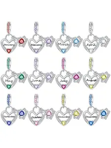 Birth Month Heart Dangle Charm, 925 Sterling Silver, 12 Birthstone Colors, Engraved Month Lettering, Sparkling Border for Bracelets, Custom Birthday Gifts & Mom Jewelry (Silver)