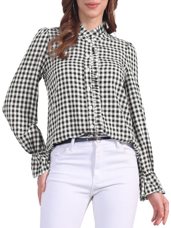 INSPIRE CHIC Women's Gingham Tops Ruffle V Neck Button Front Dressy Casual Long Sleeve Plaid Blouse Shirt Black