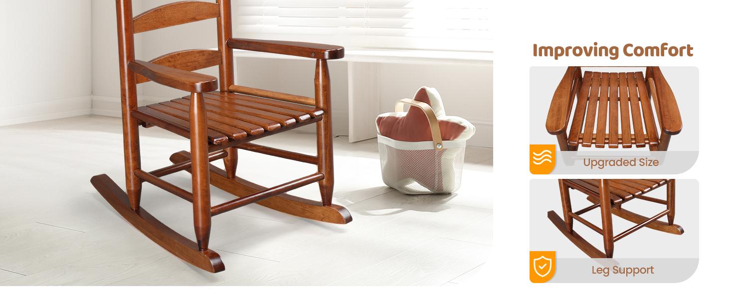 Joymor Outdoor Children's Rocking Chair, All-Weather Wooden Rocker with High Backrest, Ideal for Garden, Yard, and Balcony, Patio Rocking Chair Suitable for Ages 3-6, Teak