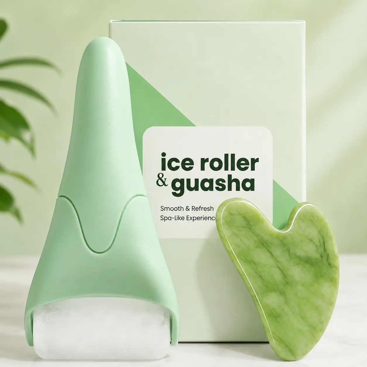2-in-1 Gua Sha & Ice Roller Facial Tool Set, Cooling Face Massager for Puffiness, Jawline, Under-Eye & Daily Skincare, Green