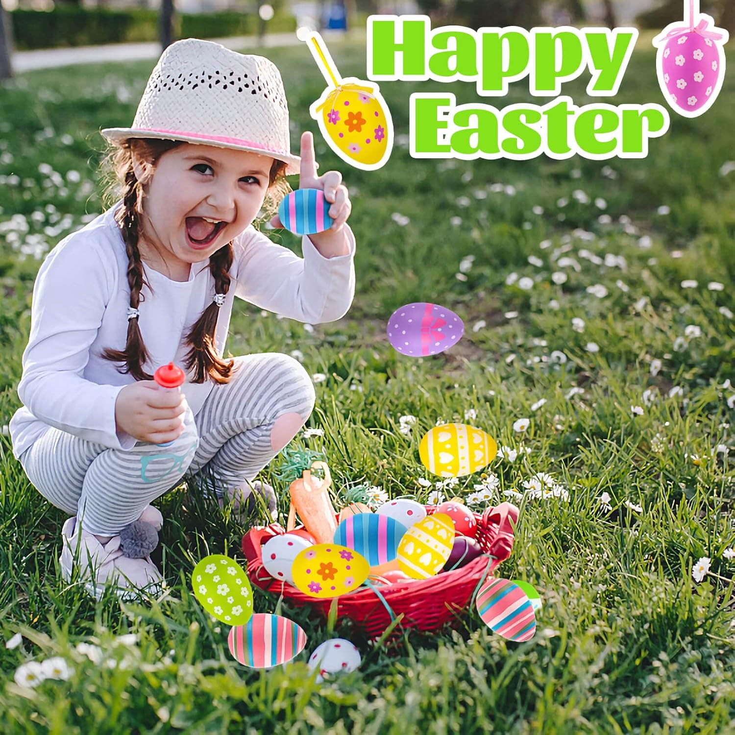 24 Pcs Easter Hanging Eggs, Multicolored Plastic Easter Egg Hanging Ornaments, Decorative Hand Painted Ball DIY Crafts Tree Ornaments for Decoration, Random Styles