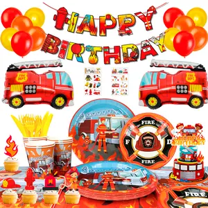 Fire Truck Birthday Party Supplies,155pcs Fire Truck Birthday Party Decorations for Boys-Firetruck Birthday Decorations Balloons Plates Napkins Tablecloth etc Fire Truck Themed Birthday Party Supplies