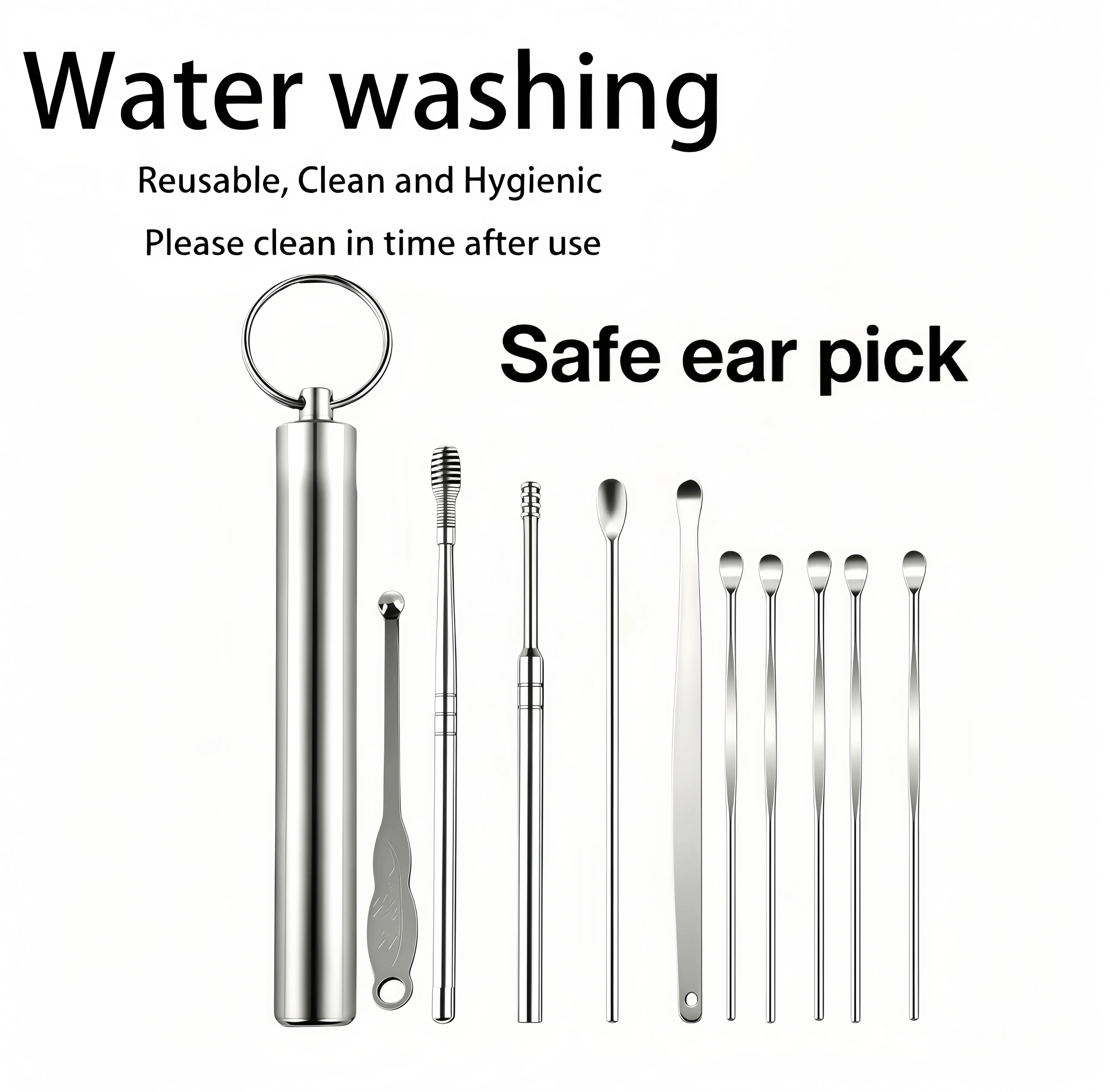 Safe Ear Wax Removal Tool Set, 10 Pack Stainless Steel Rotating Ear Spoon Picks, Reusable Portable Keychain Ear Cleaner, Household Daily Ear Care Kit for Adults & Children