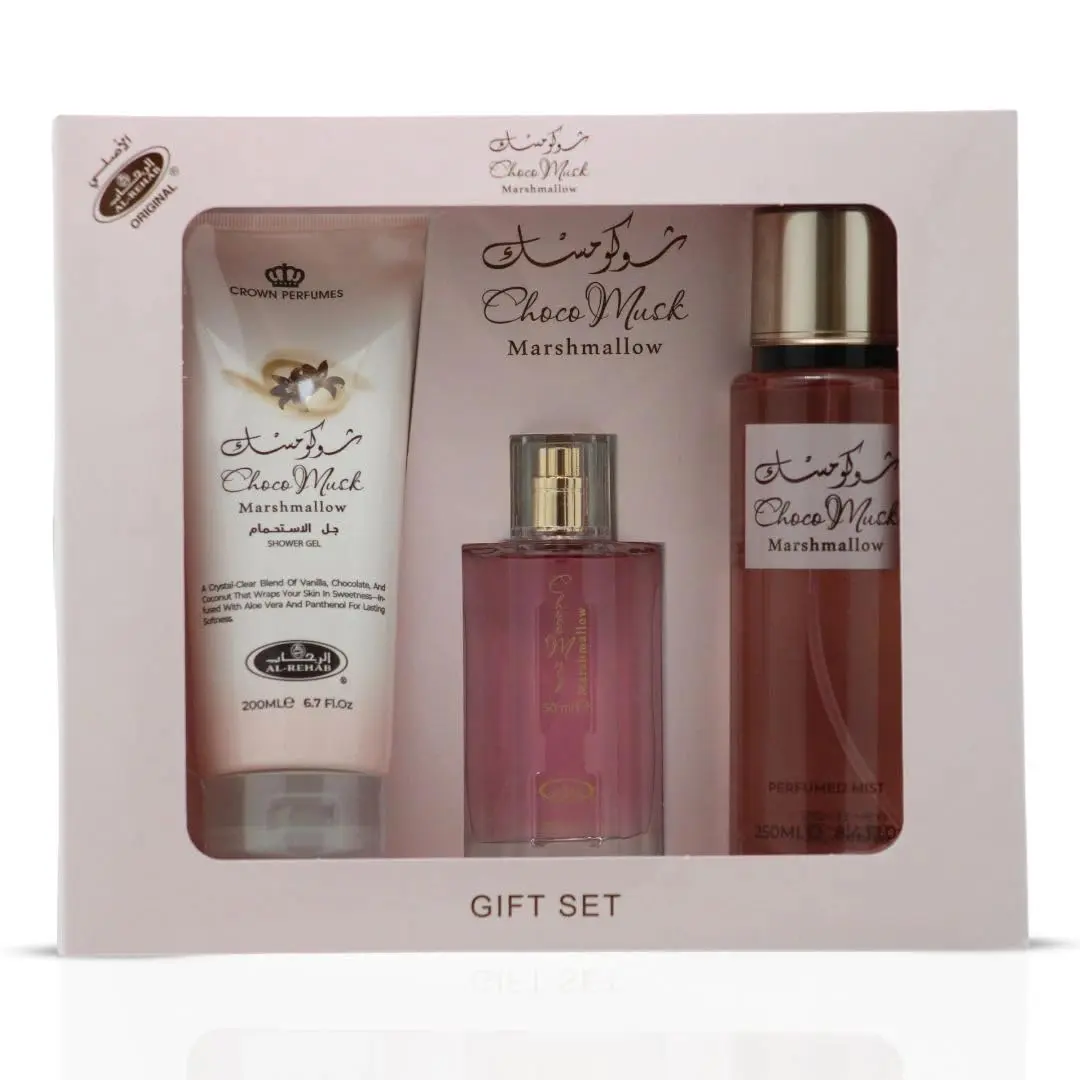 Al-Rehab Choco Musk Marshmallow 3-Piece Fragrance Set - Eau de Parfum 50ml, Shower Gel 200ml, Body Mist 250ml - Sweet Strawberry & Marshmallow Unisex Set Fragrance Collection, Set Fragrance Sets