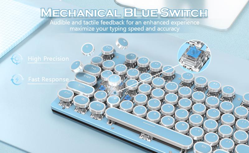 XINMENG Wired Pink Typewriter Keyboard and Mouse Combo,Retro Vintage Mechanical Gaming Keyboard with White LED Backlit,104 Keys Anti-Ghosting Blue Switch Cute Keyboard,Round Keycaps,4 Color Backlit Mouse,Pink Mousepad for Desktop PC/Laptop Mac