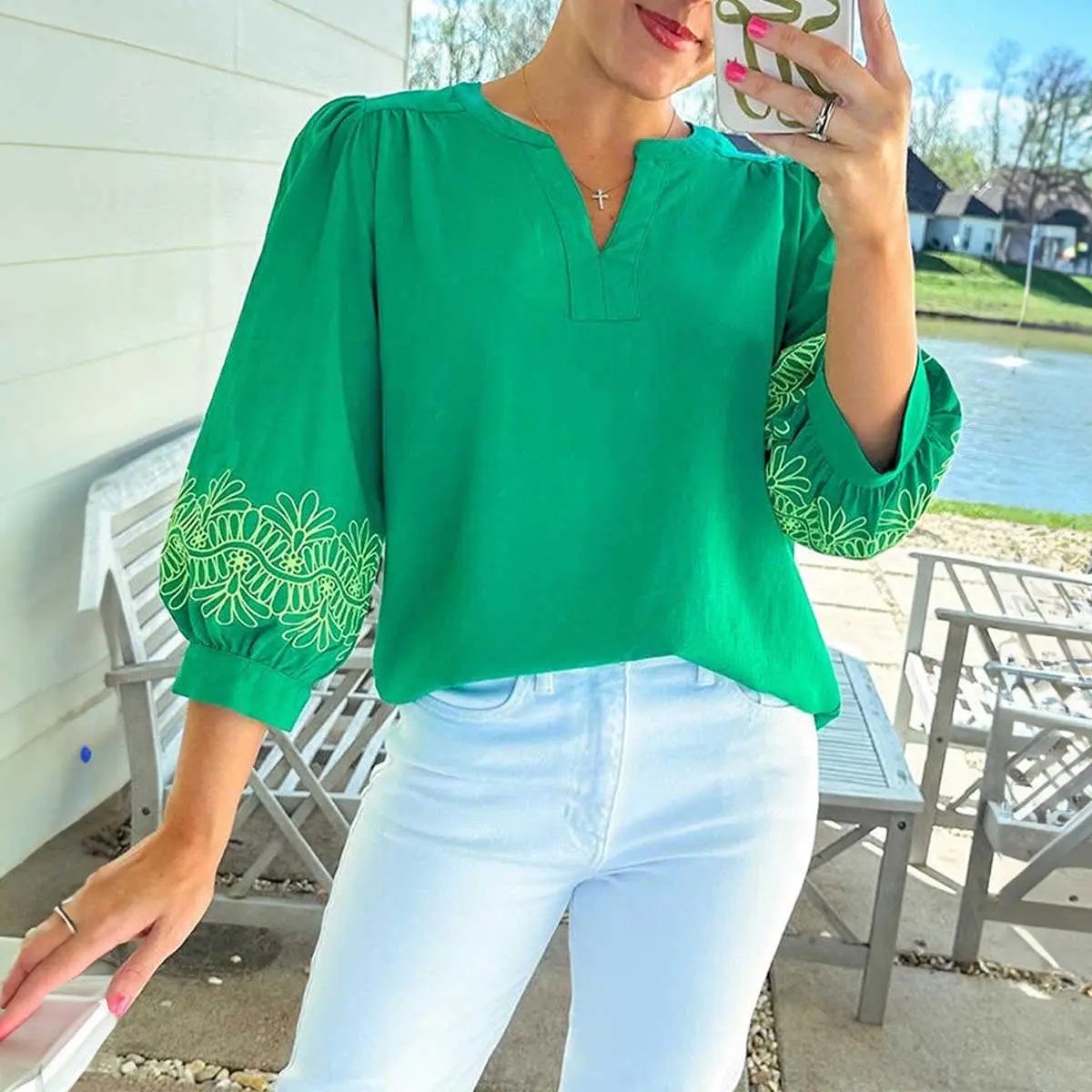 Women's Elegant Green Contrast Floral Embroidered 3/4-Sleeve Notched V-Neck Blouse - Elevate Style, Pair with Jeans