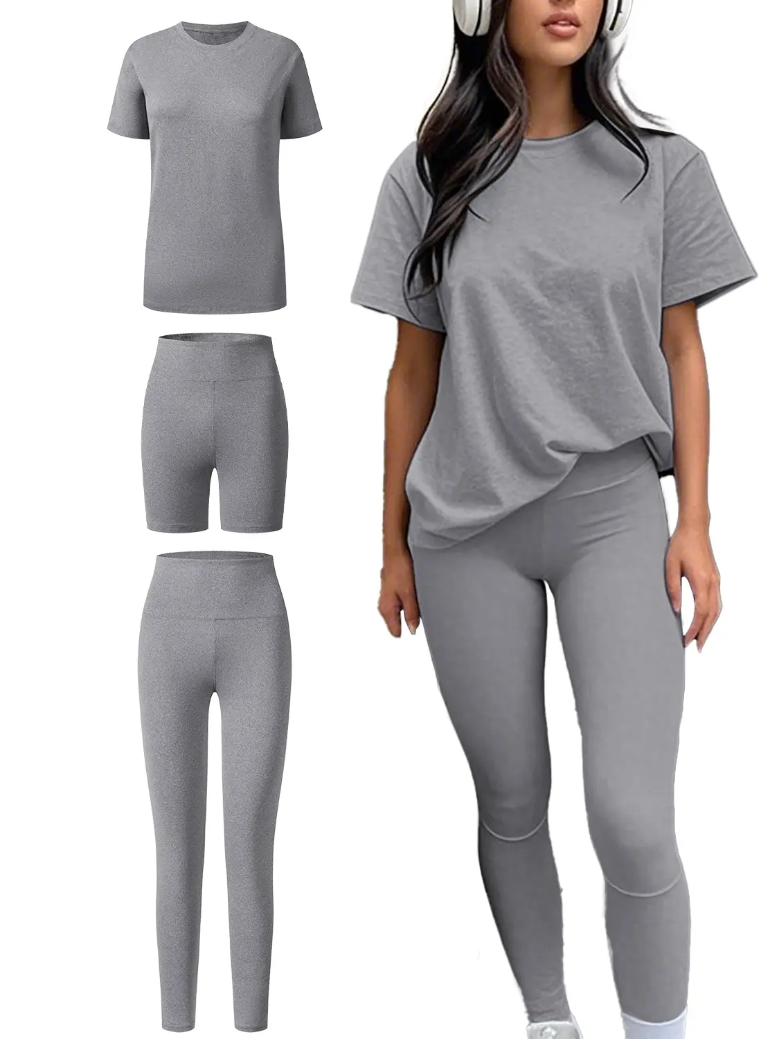Women's Workout Set, 3-Piece Solid Soft Stretch Activewear with Crop Top, Sports Bra & High Waist Leggings for Gym Yoga