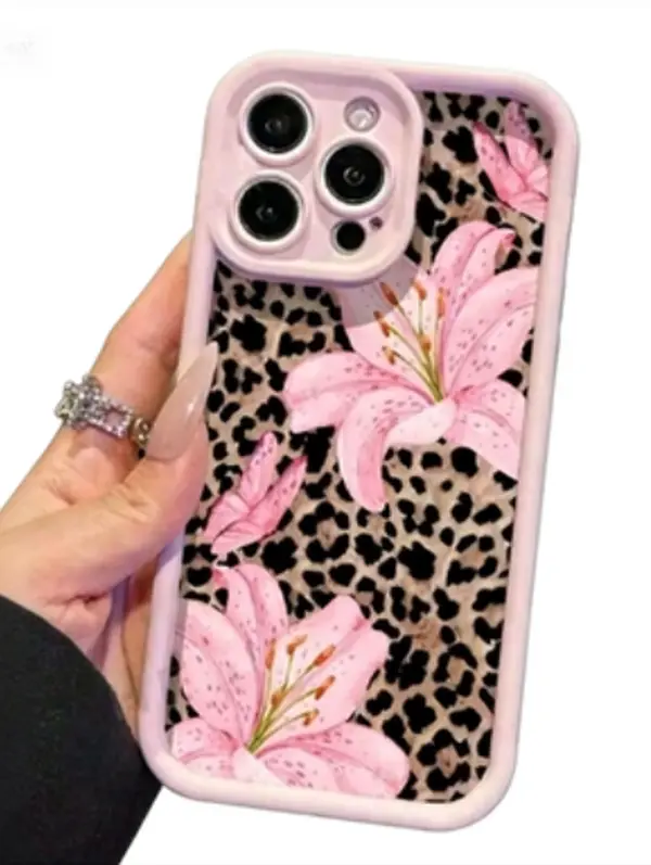 Pink Lily Flowers & Leopard Print Shockproof Anti-Drop Phone Case for Women - Full Protection iPhone Accessory, Valentine Gift for iPhone 7,8 Plus,XR,11,12,13,13 Pro Max,14,15,16,16 Plus,17 Pro Max,Air, Iphone 17