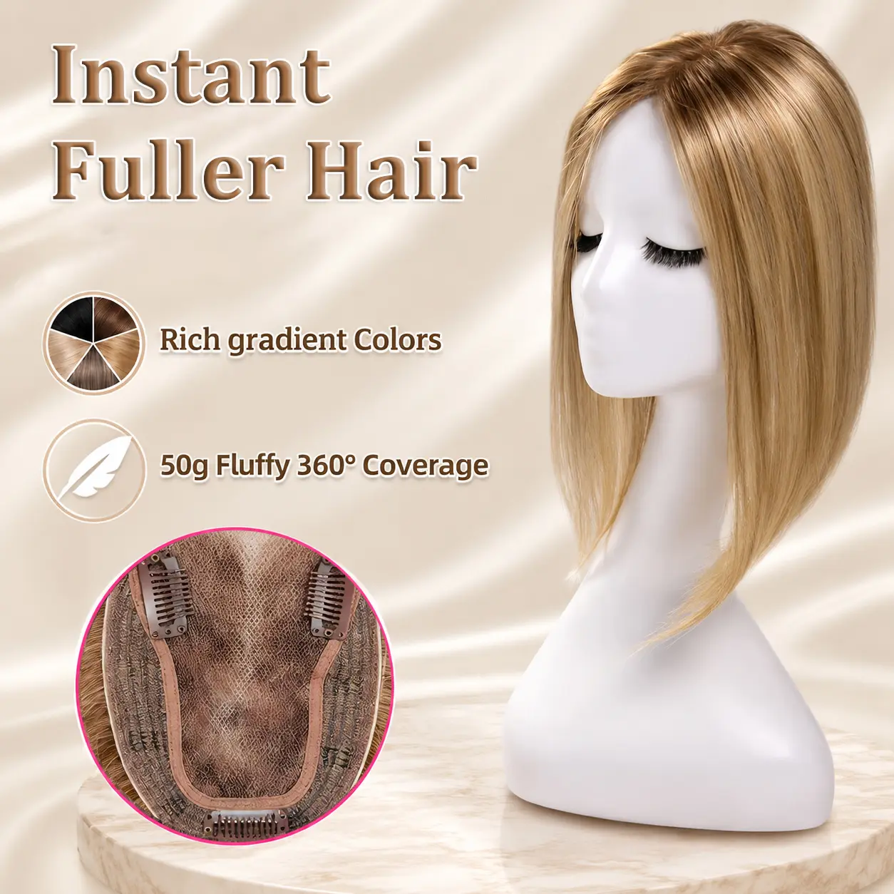 EC Women's 50g Volumizing Synthetic Hair Topper for Thinning Hair - 14in Straight Natural-Looking Hairpiece, 4×4.8in Hand-Knotted Breathable Lace Base, Full Crown Coverage, Gray Root Coverage & Instant Volume