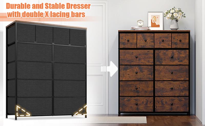 Raybee Furniture Tall Dresser with 12 Drawers, Steel Frame & Wood Top for Bedroom, Hallway Closets, Rustic Design, Assembly Required