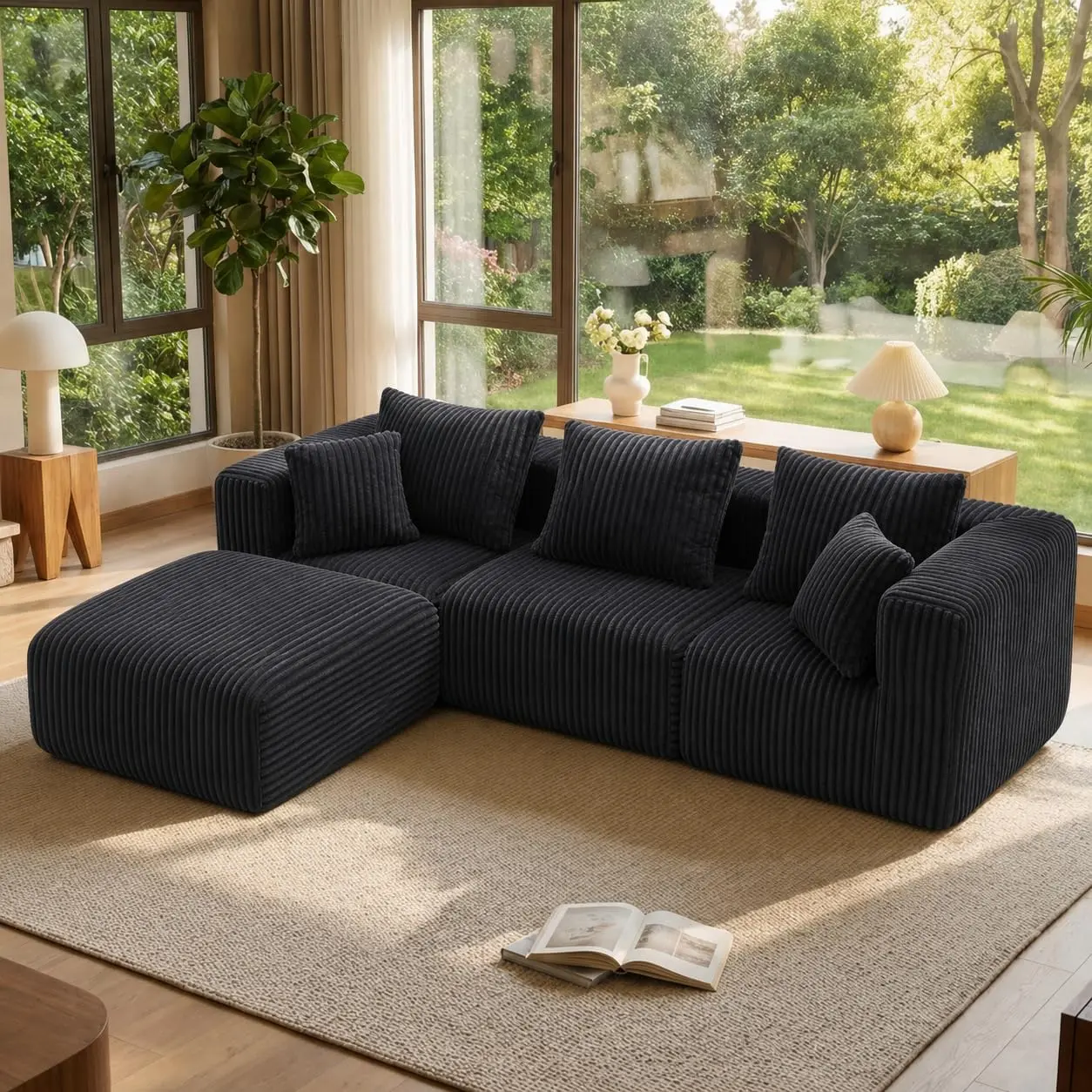 Minimalist Deep-Seat L-Shaped 3-Seat Modular Boneless Cloud Sectional Sofa with Ottoman, No-Assembly Living Room Furniture for Apartment, Bedroom
