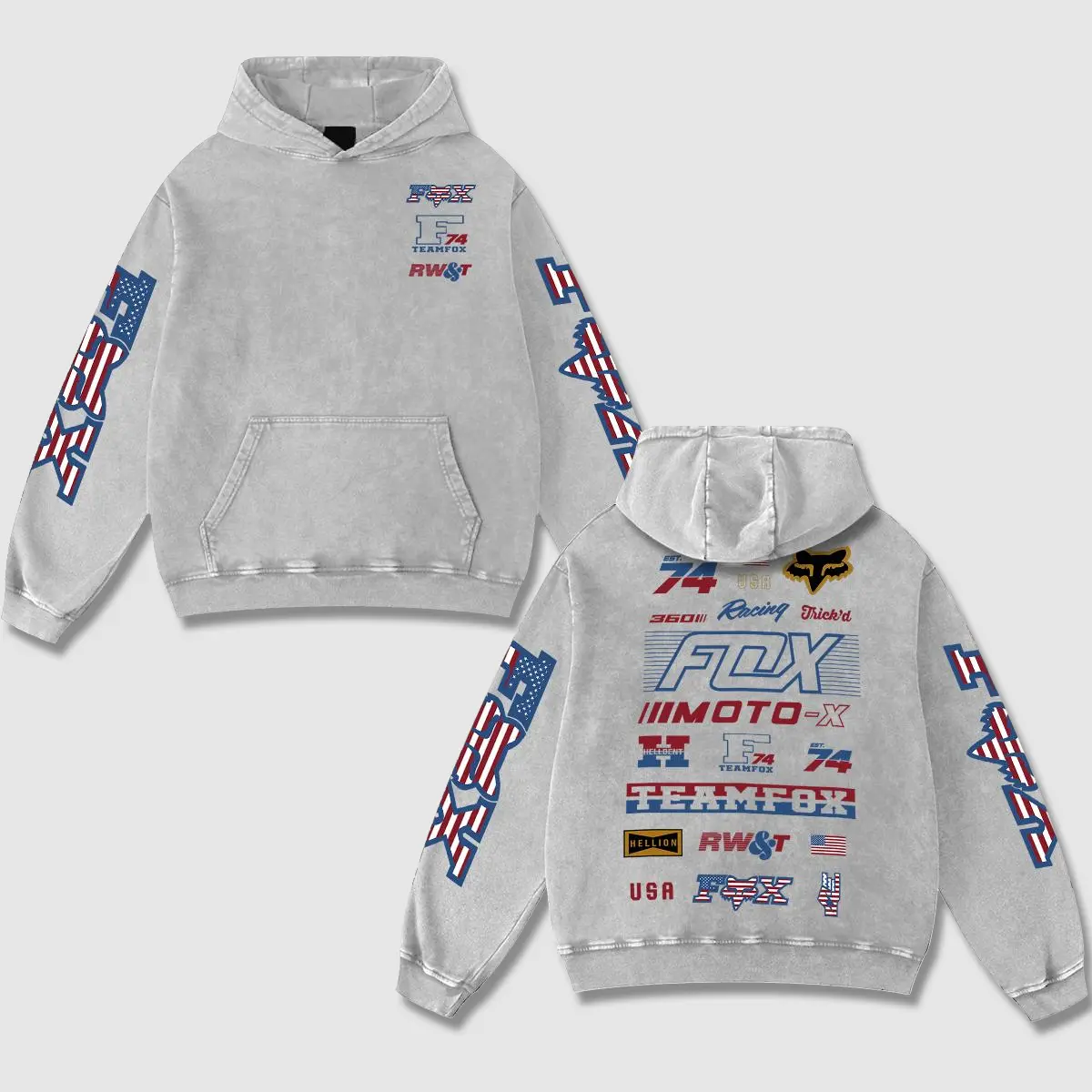 Retro Team MotoX Fox Racing Washed Hoodie Motor World Champion Enthusiast Apparel Streetwear Racing Team Super Motorsports Clothing Motobike Riders Supermotor Off-Road Dirt Bike Fan Gear Cotton For Motor Fan