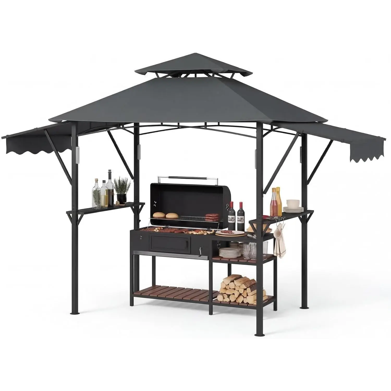 8x5 Ft Grill Gazebo, 2-Tier BBQ Shelter with Adjustable Dual Side Awnings and 2 Shelves Hooks 4 LED Lights, for Camping, Picnic, Barbecue party,summerwins