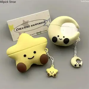 Cute Star AirPods Case with Moon Charm, Kawaii Protective Cover Compatible with AirPods 1/2/3/4/Pro, Aesthetic Earbuds Case with Keychain Pendant, Shockproof Stylish AirPods Accessory for Girls, Travel, School, Daily Carry and Gift Giving