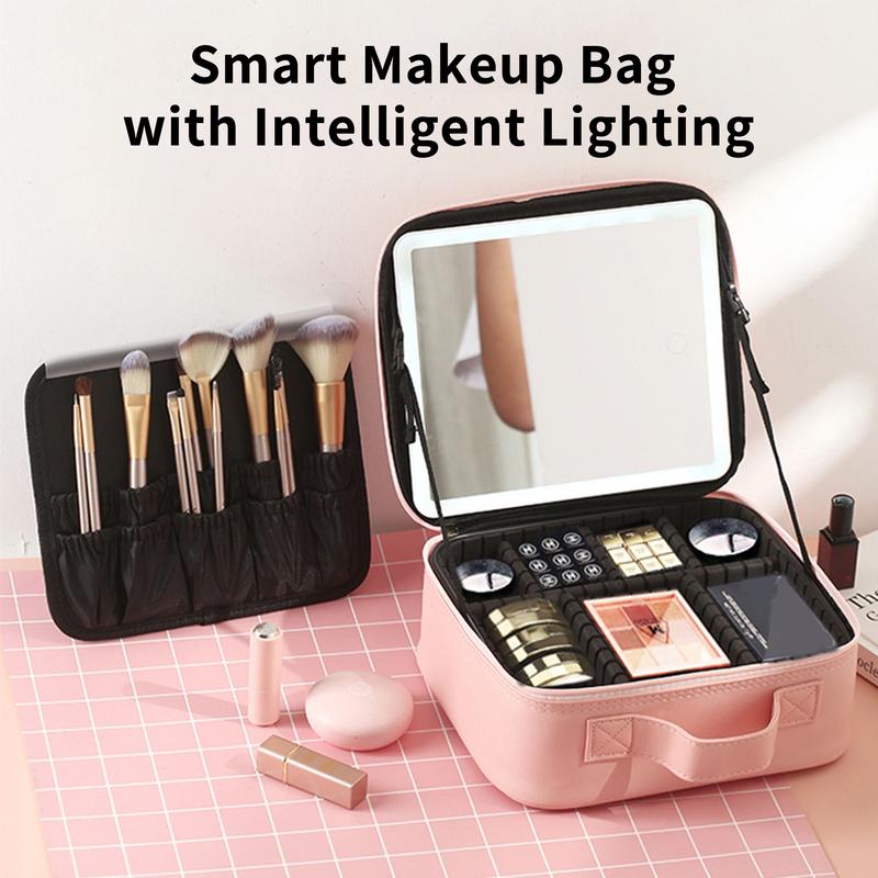 Smart LED Makeup Bag with Mirror - 3 Color Lights Waterproof PU Leather, Detachable Compartments, Travel Compact Case