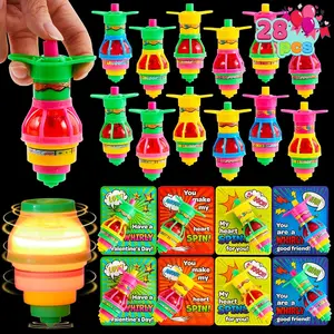28 Packs Valentine's Day Gift Cards with Light Up Spinning Tops, LED UFO Gyroscope Flashing Lights for Valentine Party Favors, Classroom Exchange Prizes, Kids School Toys