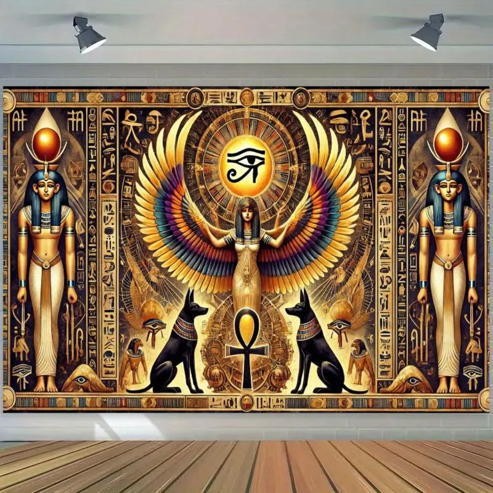 1PC Polyester Egyptian-Style 2D Flat Mysterious Religious Tapestry - Isis Goddess Ankh Symbol Backdrop, Reusable Home Bedroom Decor, Exotic Cultural Art Cloth for Birthday Photography