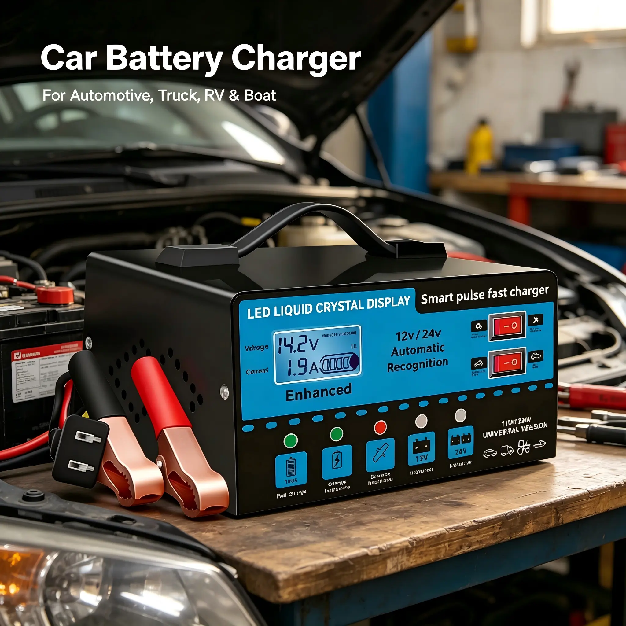 【toolupgrade】12V and 24V smart universal battery charger with LCD display, smart maintenance, temperature compensation, overcharge and short-circuit protection, suitable for intelligent trickle charging and maintenance of car, SUV, truck, yacht