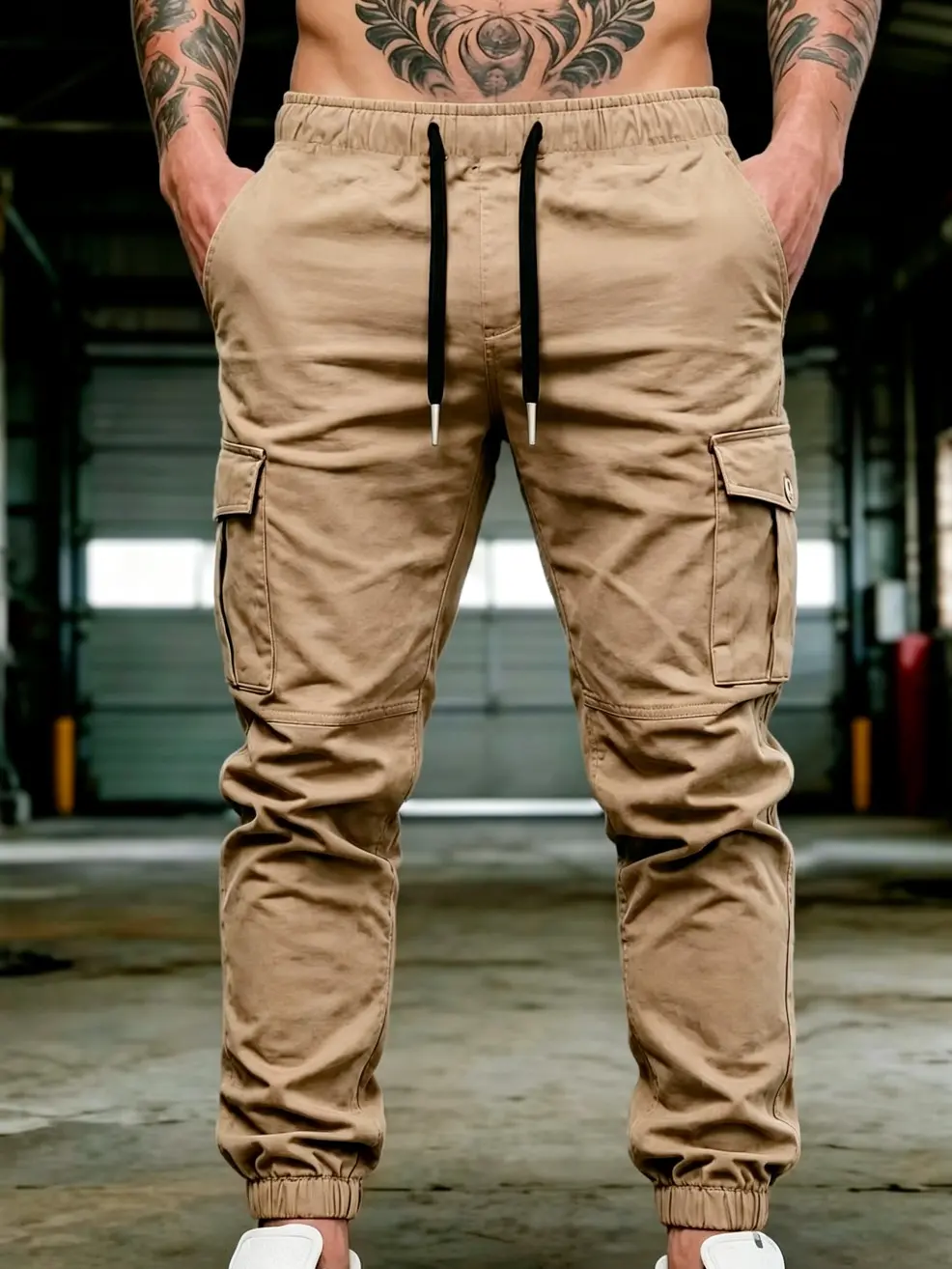 Men's Plain Khaki Cargo Joggers - Stretch Polyester Utility Tactical Pants with Knee Seams, Flap Pockets, Drawstring Waist, No-Logo Clothes, S-2XL, Fast US Shipping #KhakiCargoJoggers #MensUtility #TikTokMadeMeBuyIt