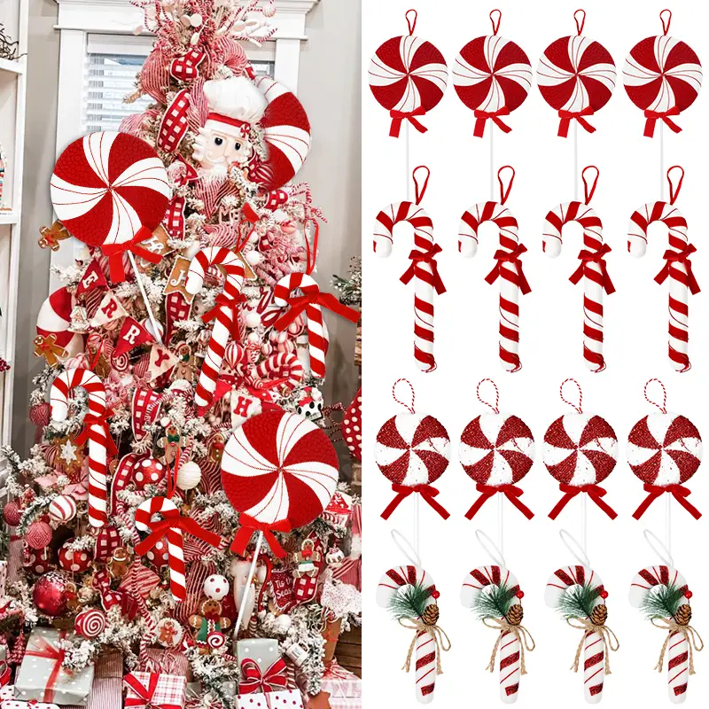 Large Red-White Christmas Candy Cane Ornaments - Xmas Tree Hanging Lollipop Pendants, 2024 Navidad Home Supplies, Decorating Essentials, New Year Gift Item, B