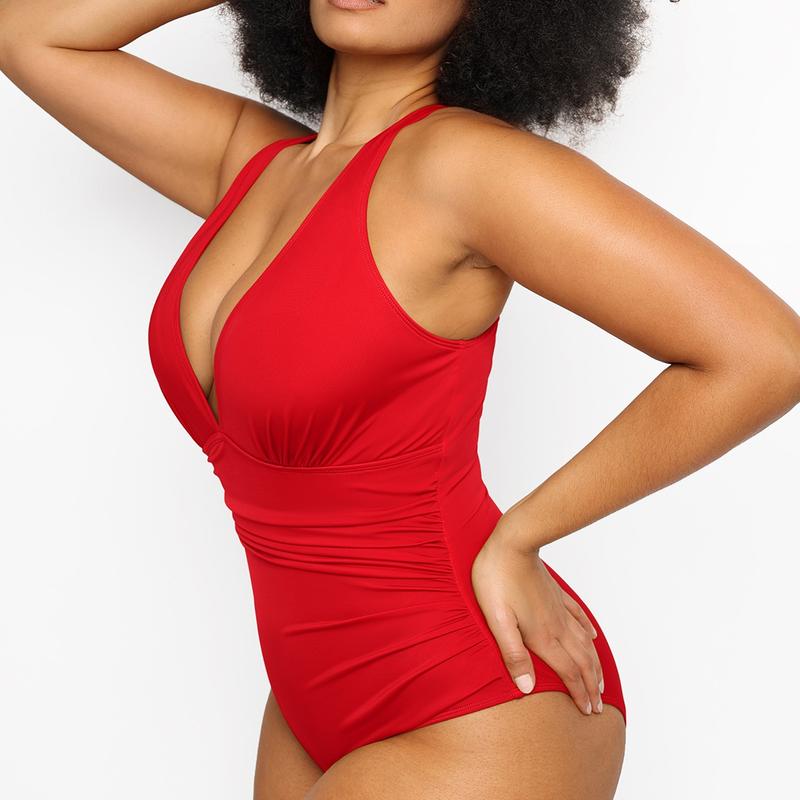 Shapellx Women's Smart Sculpt Front Ruched Swimsuit Tummy Tucking One Piece Slimming Bathing Suit Sculpting Snatched Waistline Swimwear