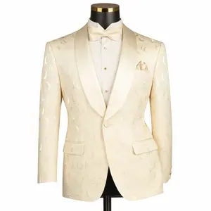 Men’s Floral Jacquard Shawl Lapel Blazer with Matching Bow Tie – Formal Tuxedo Jacket – Champagne