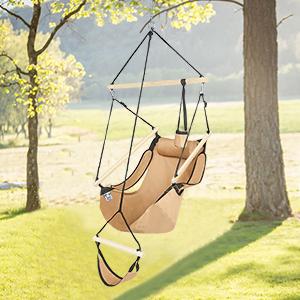 ONCLOUD Upgraded Unique Hammock Hanging Sky Chair, Air Deluxe Swing Seat with Rope Through The Bars Safer Relax with Fuller Pillow and Drink Holder Solid Wood Indoor/Outdoor Patio Yard 250LBS