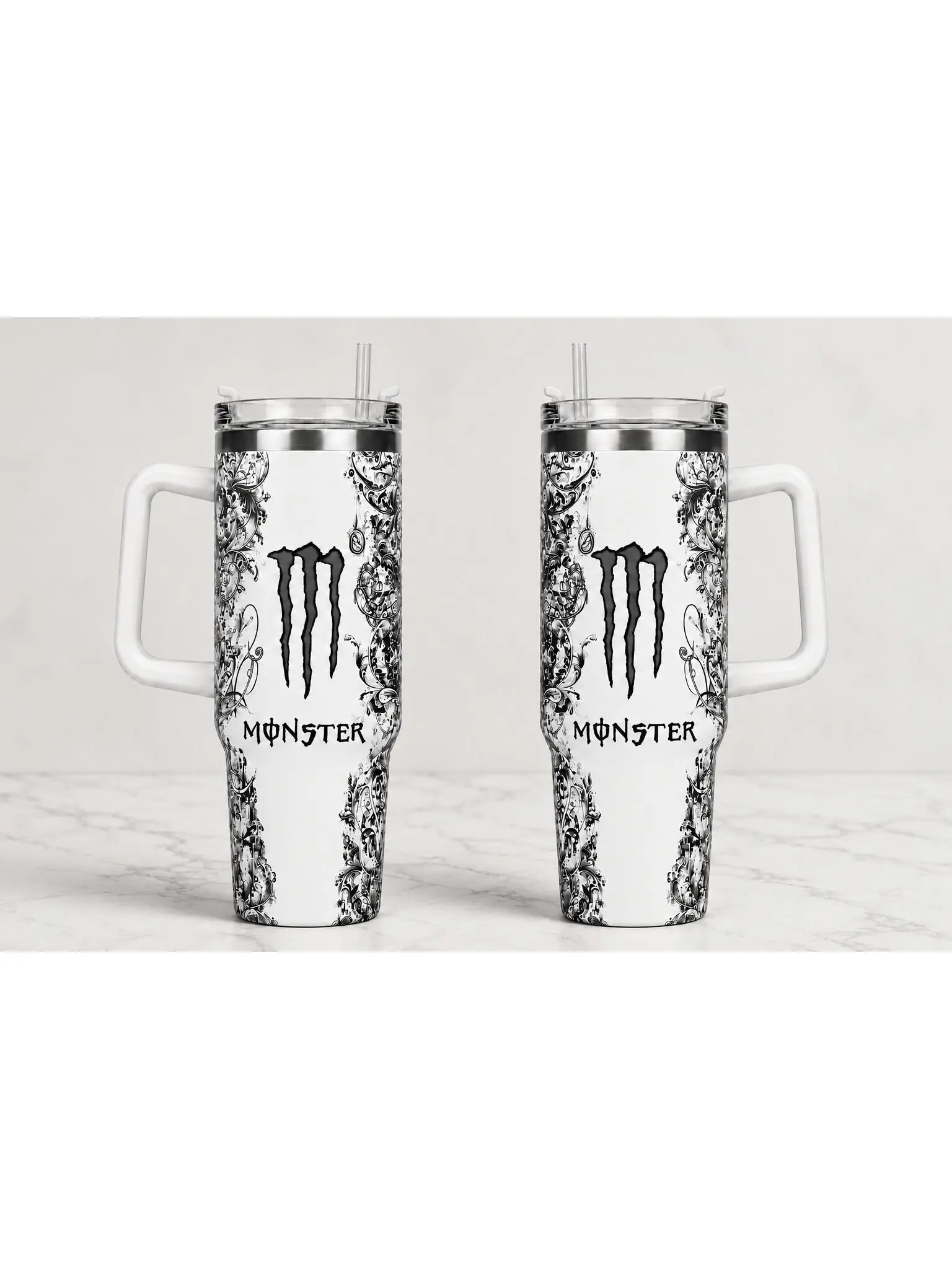 Black White Gothic Travel Tumbler 40 Oz Stainless Steel Mug with Handle & Straw