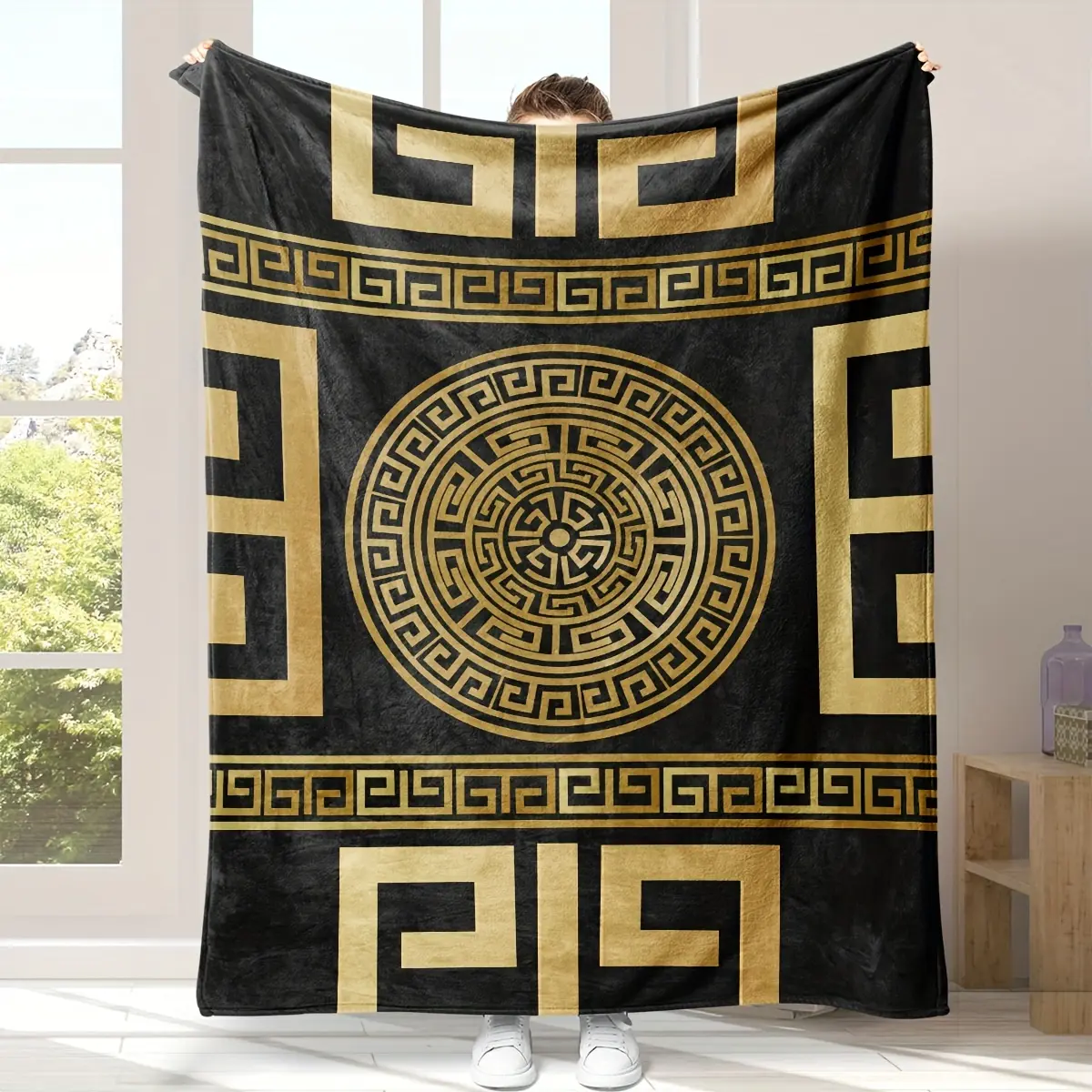 Luxurious Black and Golden Geometric Flannel Blanket - Soft, Cozy Chic, All-Season Use - Perfect for Bedding and Home Decor, Elegant Digital Print Decorative Throw Blanket for Gifting, Cozy Chic Blanket