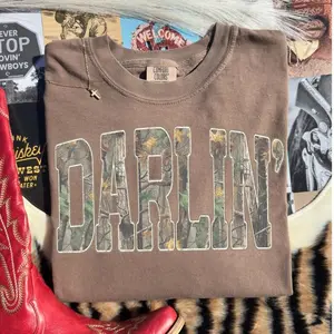 Retro Camo Western Shirt, Darlin Retro Camo Cowboy Quote, Distressed Country Graphic Tee, Western Concert Style Shirt, Southern Camouflage Design, Comfort Color Gift For Men And Women, Classic Full Colors Shirt