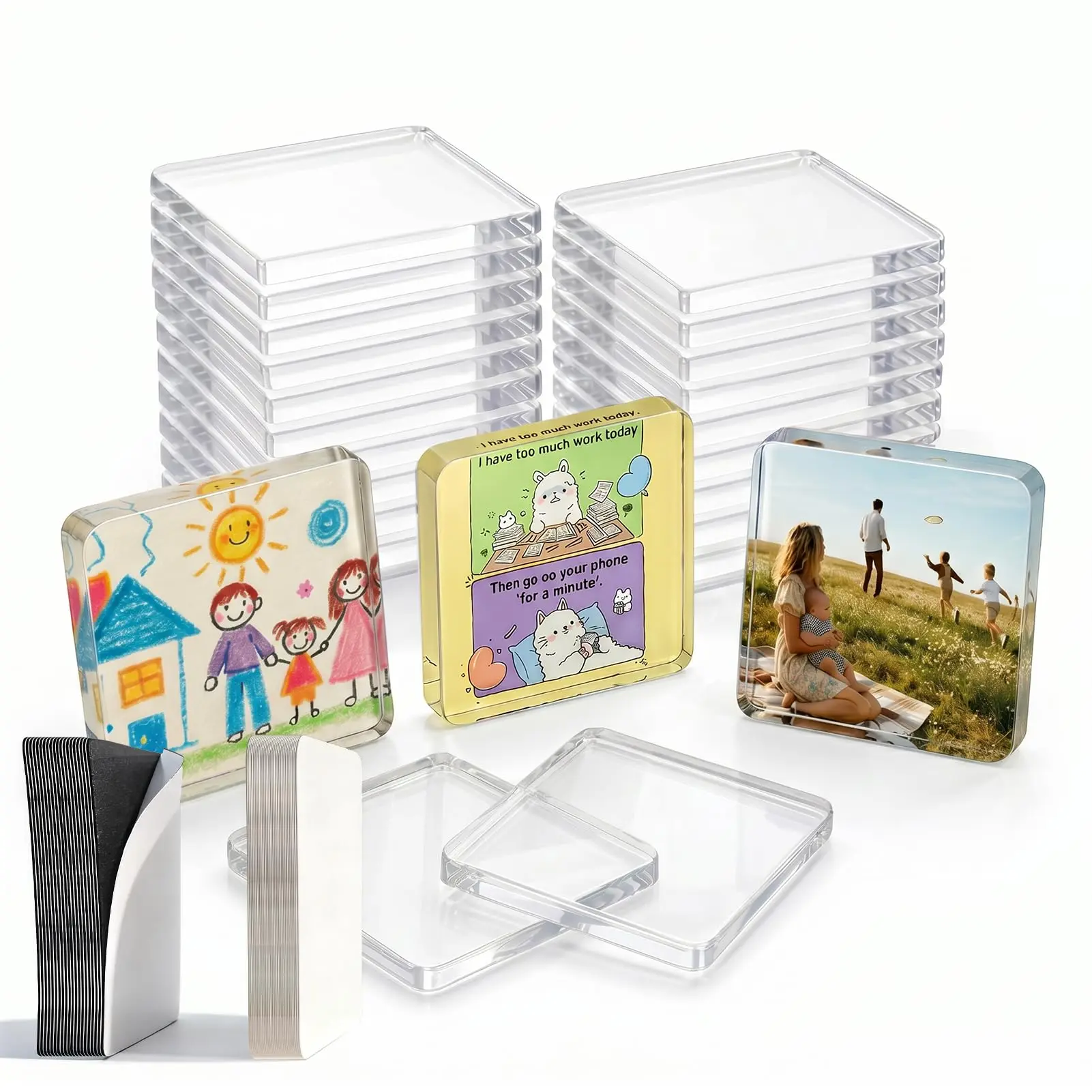 20Pcs Clear Acrylic Fridge Magnets - DIY Magnetic Photo Frames with Magnet & Adhesive Backing. Bulk Craft Kit Includes 26 Blank Cards & Organizer Box for Office Decor, Gifts & Art.