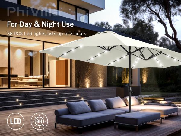 [Base & Lights] PHI VILLA 15 ft Extra Large Patio Umbrella with 36 LED Lights, Metal Construction, Includes Base, Heavy Duty for Pool Garden Backyard Outdoor Modern Design