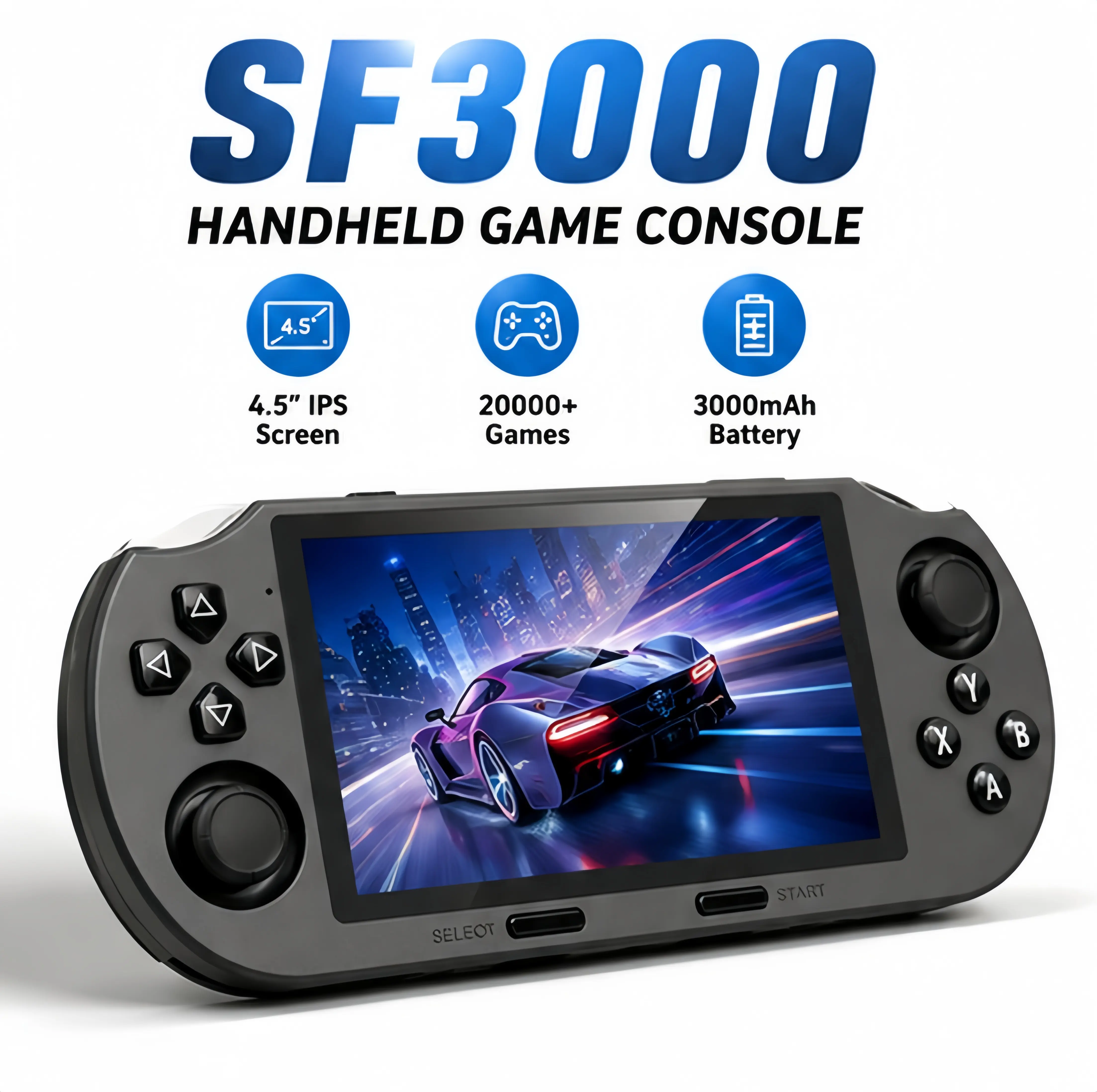 SF3000 Retro Handheld Game Console, 4.5-Inch IPS HD Screen, 16GB Linux System, 20,000+ Built-in Classic Games, 14+ Emulators, 3000mAh Rechargeable Battery, HDMI Output, Dual Wireless Controller Support, Portable Video Game Console