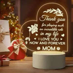 Mom Acrylic Night Light - Heart-Shaped Rose & Leaf Engraved Lamp for Mom, Mother's Day Gift, Birthday Gift from Daughter/Son, Bedroom Decor, USB Powered Acrylic Light with "Thank you for playing such an incredible role in my life" Quote surprise mini book