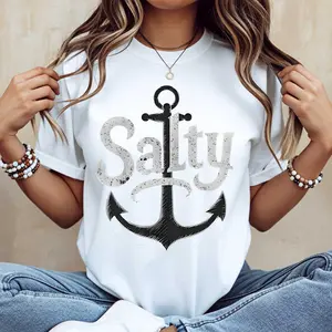 Anchor And Salty Print T Shirt Casual Summer Beach Wear