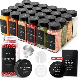 Upgraded glass spice jar set with labels and stainless steel lids (24-pack, 4 ounces each), including 240 labels, shaker inserts, a stainless steel funnel, and a black square spice rack.