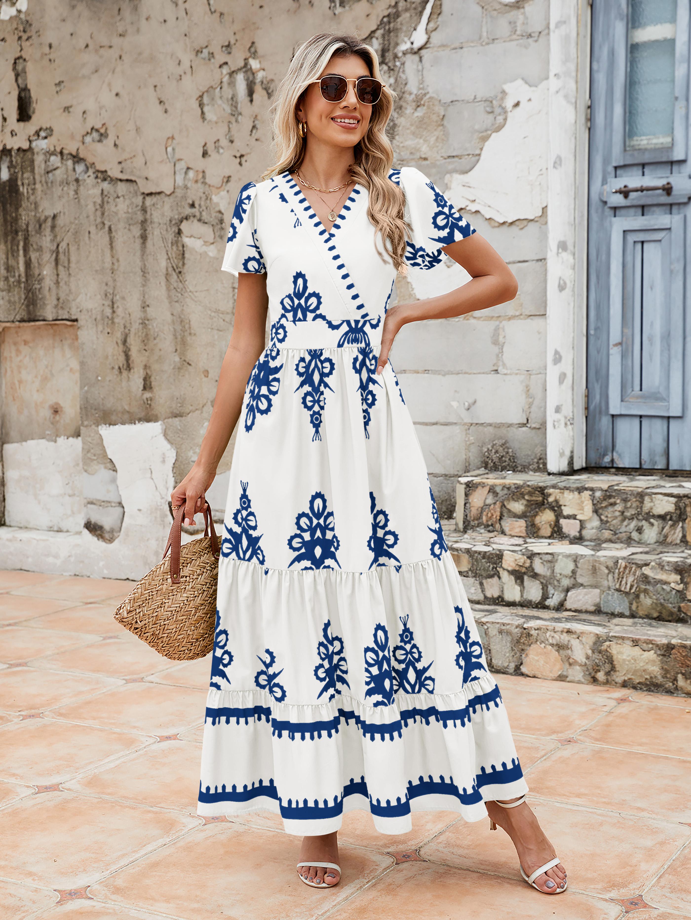 PrettyGarden Women's Summer Casual V Neck Boho Maxi Dress Flowy Aline Bell Sleeve Tiered Floral Dresses with Pocket Comfort Bohemian Womenswear V-Neck Short Sleeve