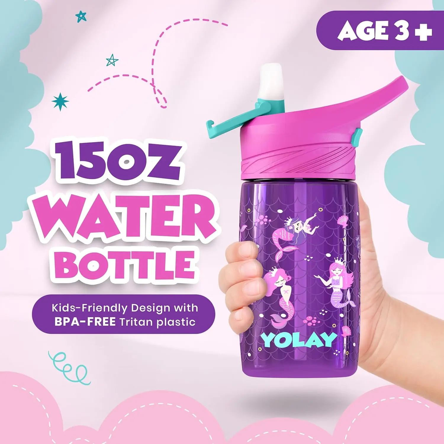 YOLAY Kids' Water Bottle, 15oz Unisex Cartoon Mermaid Tumbler, Sturdy & Leakproof PP Plastic with Straw Lid for School, Airtight, Leakproof Tumblers, Portable, Wide Mouth, Bpa Free, Drink, Reusable, Washable, Straw‑Lid Sip