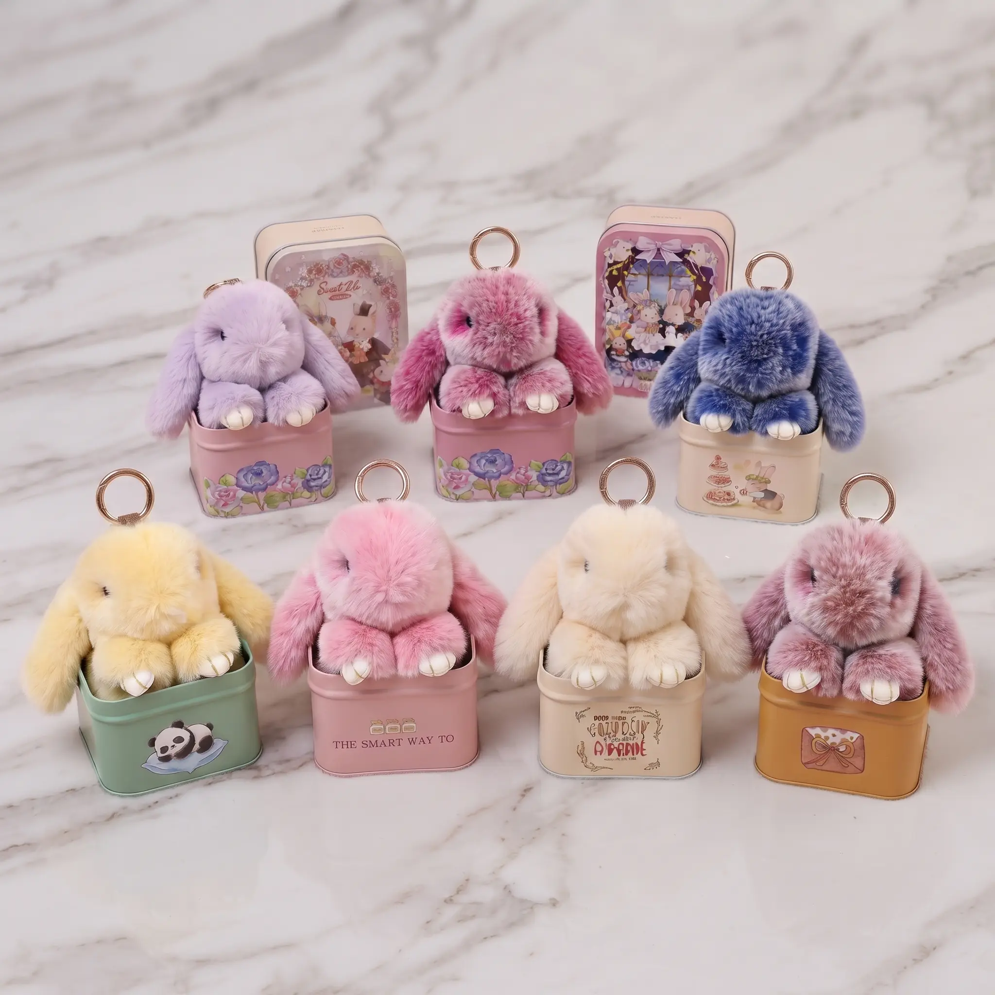 Handmade Fluffy Plush Bunny Keychain - Collectible Tin Box, Aesthetic Bag/Backpack Accessory, Keychains for Women, Cute Birthday/Early Christmas Stocking Stuffer Gift for Teen Girls