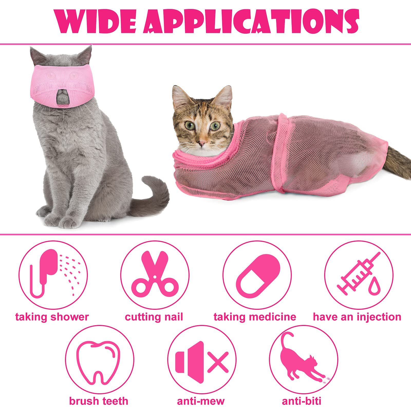 5 Pcs Pink Cat Bathing Set: Grooming Bag (Adjustable), Shower Net, Muzzles, Nail Clipper, Tick Remover & Massage Brush.