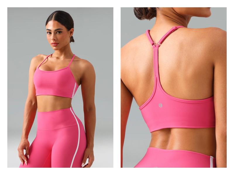 Colorfulkoala Women's Dreamlux Y-Back Adjustable Sports Bra Contrast Double Stripe Design Hidden Elastic Hem Removable Pads Yoga Set Compatible