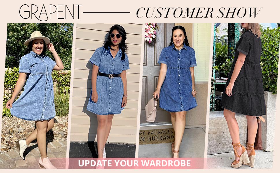 GRAPENT Denim Dress for Women Babydoll Tiered Short Sleeve Button Down Jean Shirt Dresses SpringStatements