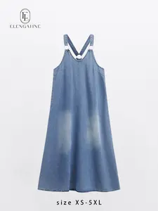 Elengatine Women’s Sleeveless Denim Maxi Dress with Adjustable Cross Back Straps, A-Line Design, Lightweight Summer Casual Dress for Vacation or Everyday Wear, Medium Blue Wash, Versatile and Stylish Dress, Available in Multiple Sizes