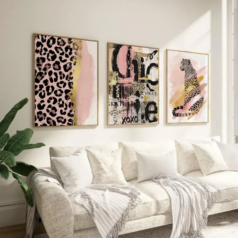 Leopard Gallery Wall Set of 3 Pink and Black Fashion Collage Print Chic Modern Decor Luxury Jungle Print Digital Download