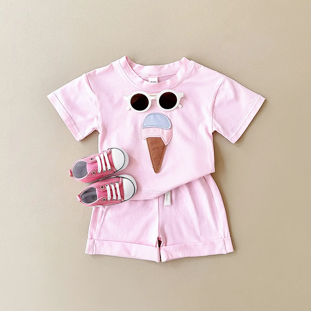 Baby Girl 2-Piece Summer Outfit, Ice Cream Patch Round Neck Short-Sleeve Top & Breathable Drawstring Shorts, Blush Pink (No Shoes, Hats or Other Accessories) Baby Clothes, Baby Clothes Girl